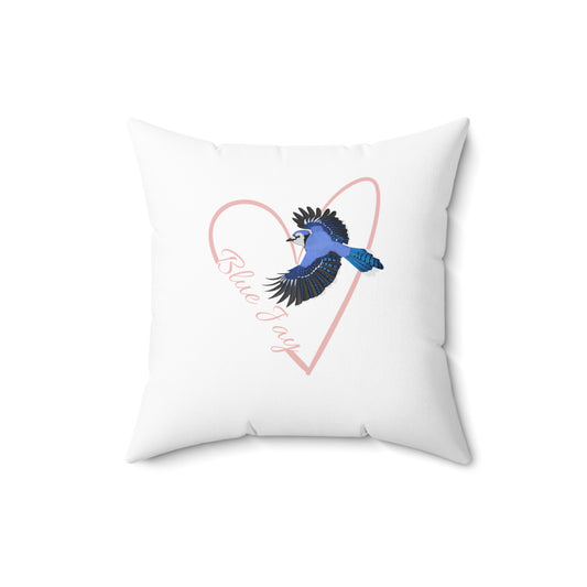 Blue Jay Throw Pillow with Heart for Bird Lovers & Bird Watchers White