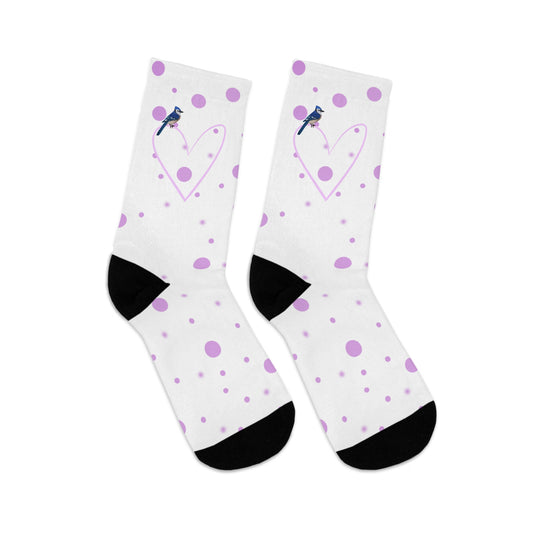 Blue Jay Valentine's Day Pink Heart and Dots Bird Socks White