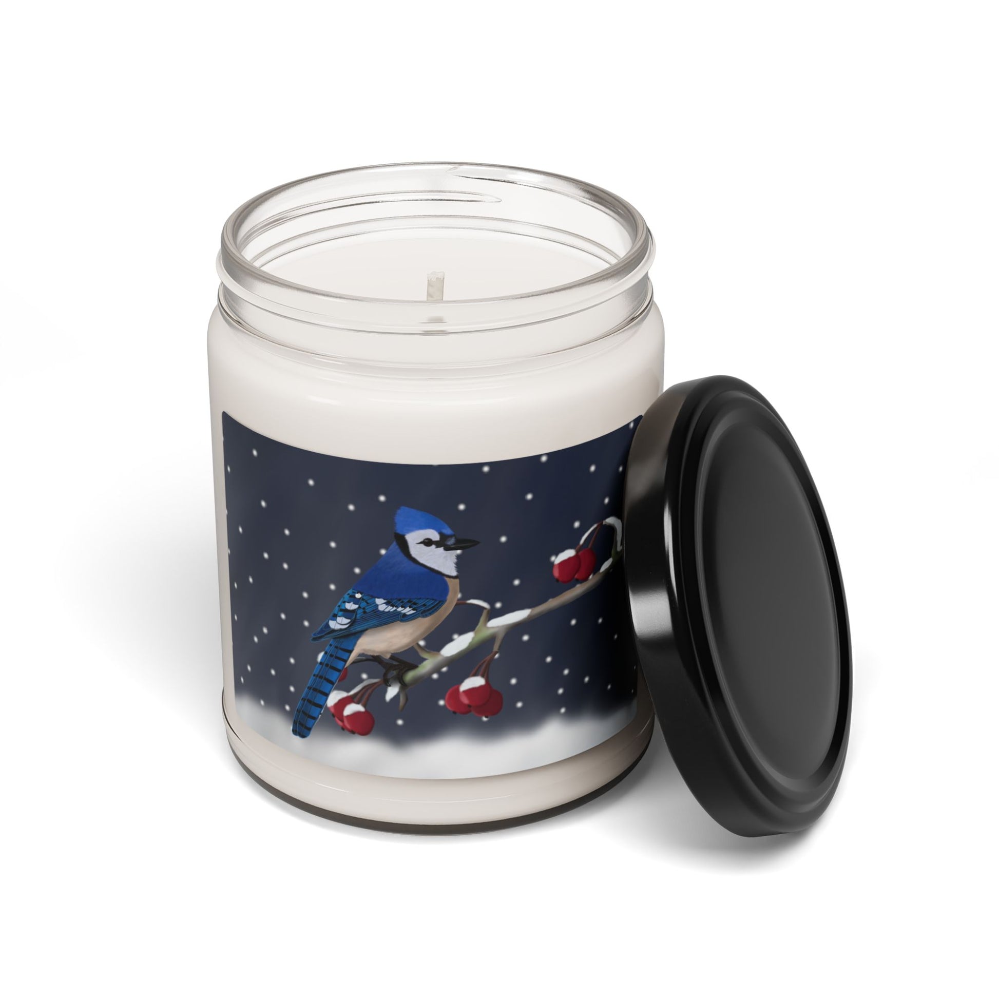 Blue Jay on a Winter Branch Christmas Bird Art Scented Soy Candle, 9oz