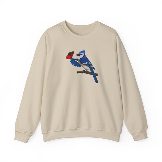 Blue Jay with Butterfly Bird Birding & Birdwatching Sweatshirt