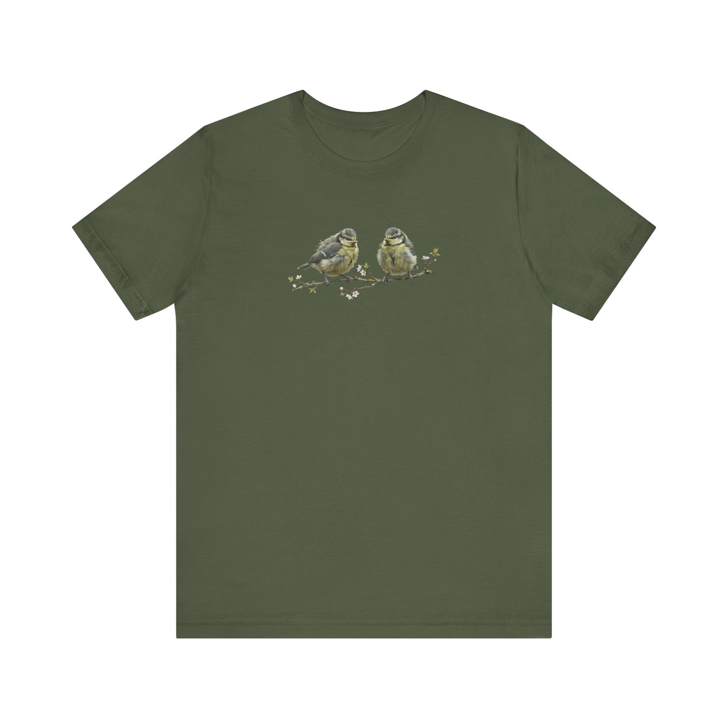 Blue Titmouse Fledgling T-Shirt | Spring Blossoms Unisex Graphic Tee for Bird Watchers