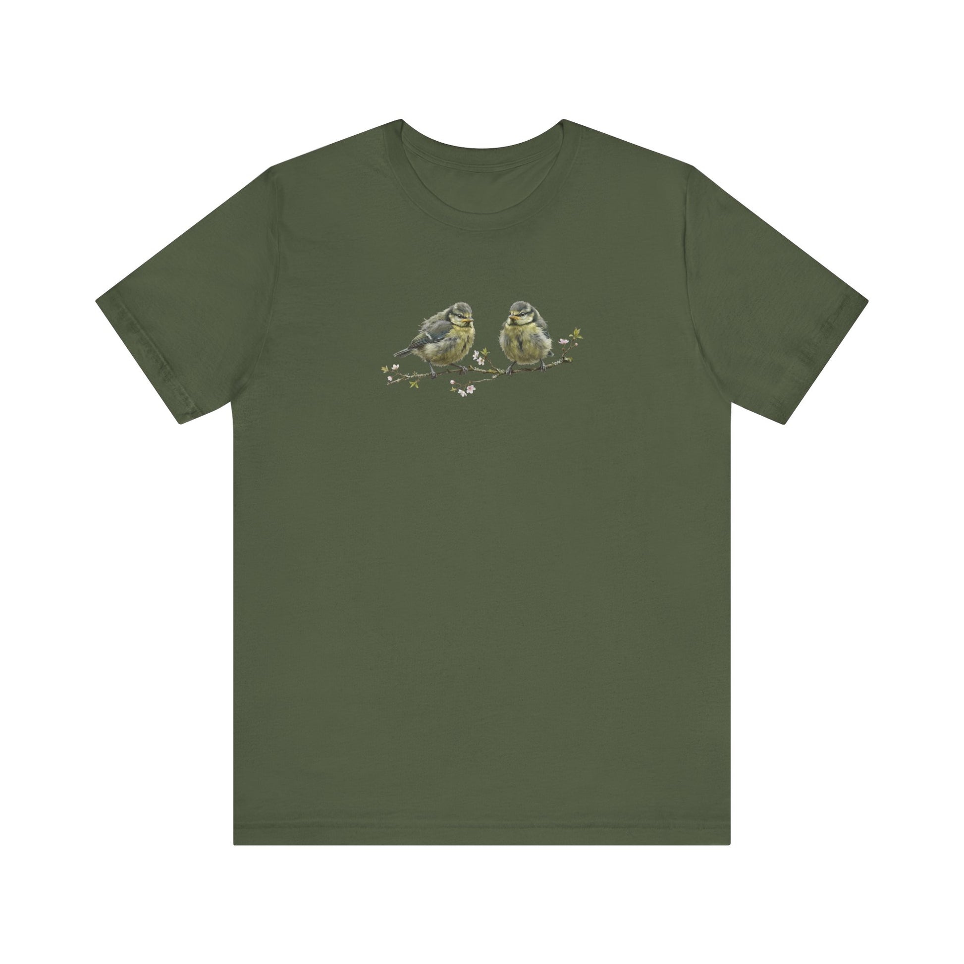 Blue Titmouse Fledgling T-Shirt | Spring Blossoms Unisex Graphic Tee for Bird Watchers