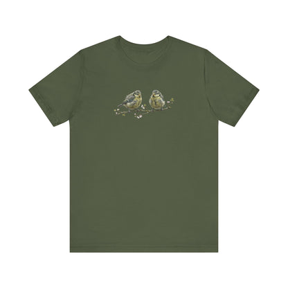 Blue Titmouse Fledgling T-Shirt | Spring Blossoms Unisex Graphic Tee for Bird Watchers
