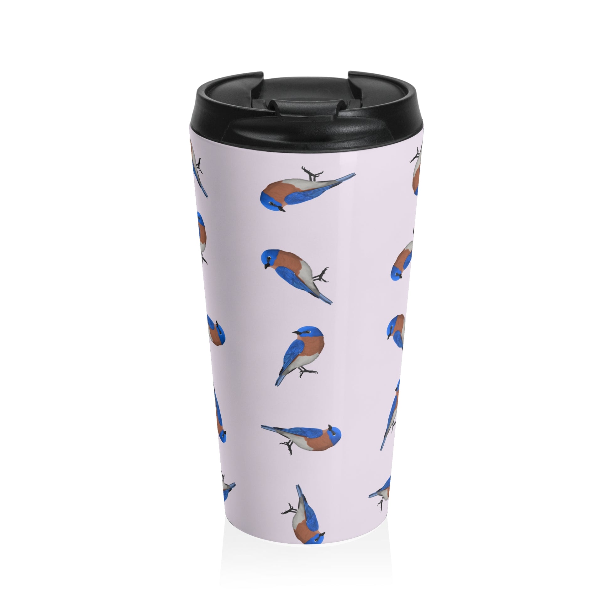 Bluebird All Over Pattern Travel Tumbler Light Pink | 15oz Birdwatching Coffee Mug