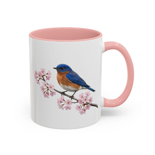 Bluebird Cherry Blossom Mug | Pink Ceramic Coffee Cup for Bird Lovers