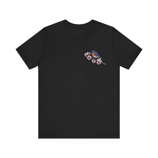 Bluebird Cherry Blossom T-Shirt | Floral Spring Tee for Bird Lovers