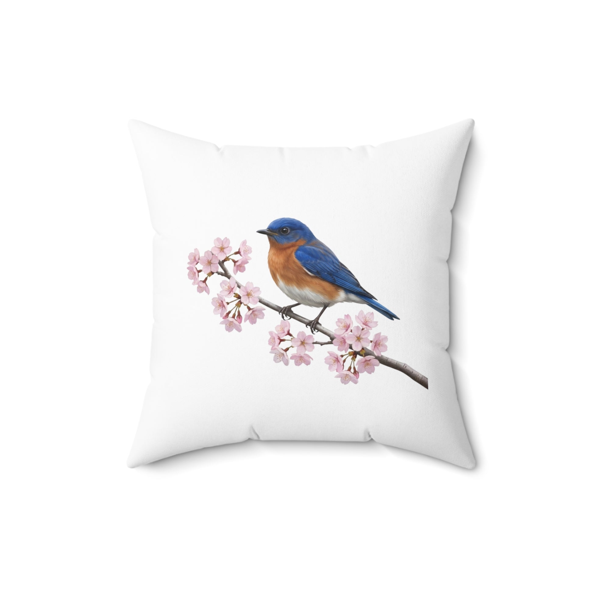 Bluebird Cherry Blossom Throw Pillow | White Floral Bird Accent Cushion