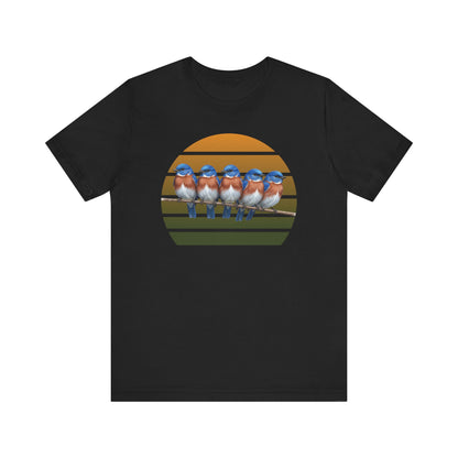 Black t-shirt with a graphic of five bluebirds on a sunset background