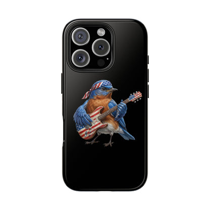 Phone case with a bluebird playing an American flag guitar on a black background