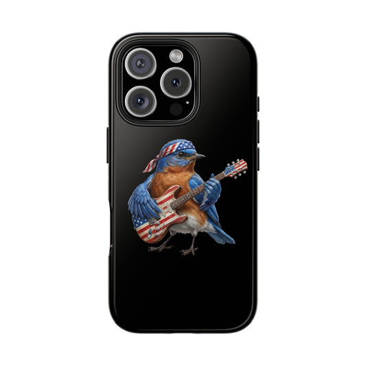 Phone case with a bluebird playing an American flag guitar on a black background