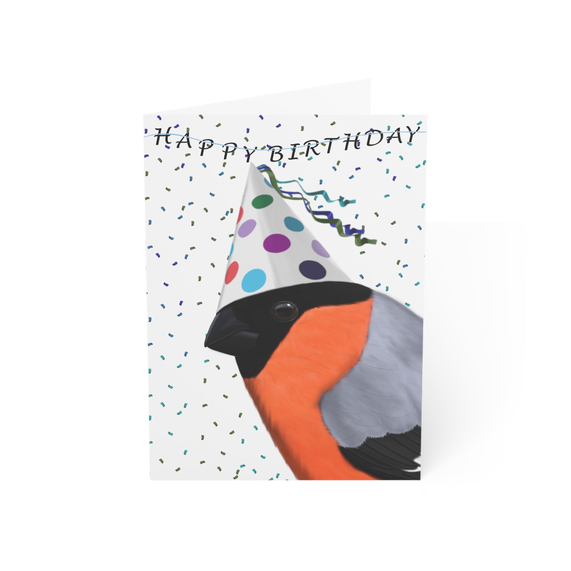 Bullfinch wearing a party hat with 'Happy Birthday' text on a white background