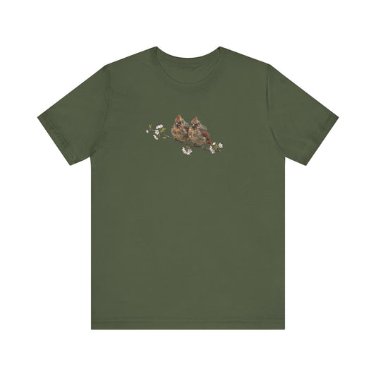 Cardinal Fledgling T-Shirt | Spring Blossoms Unisex Graphic Tee for Bird Watchers