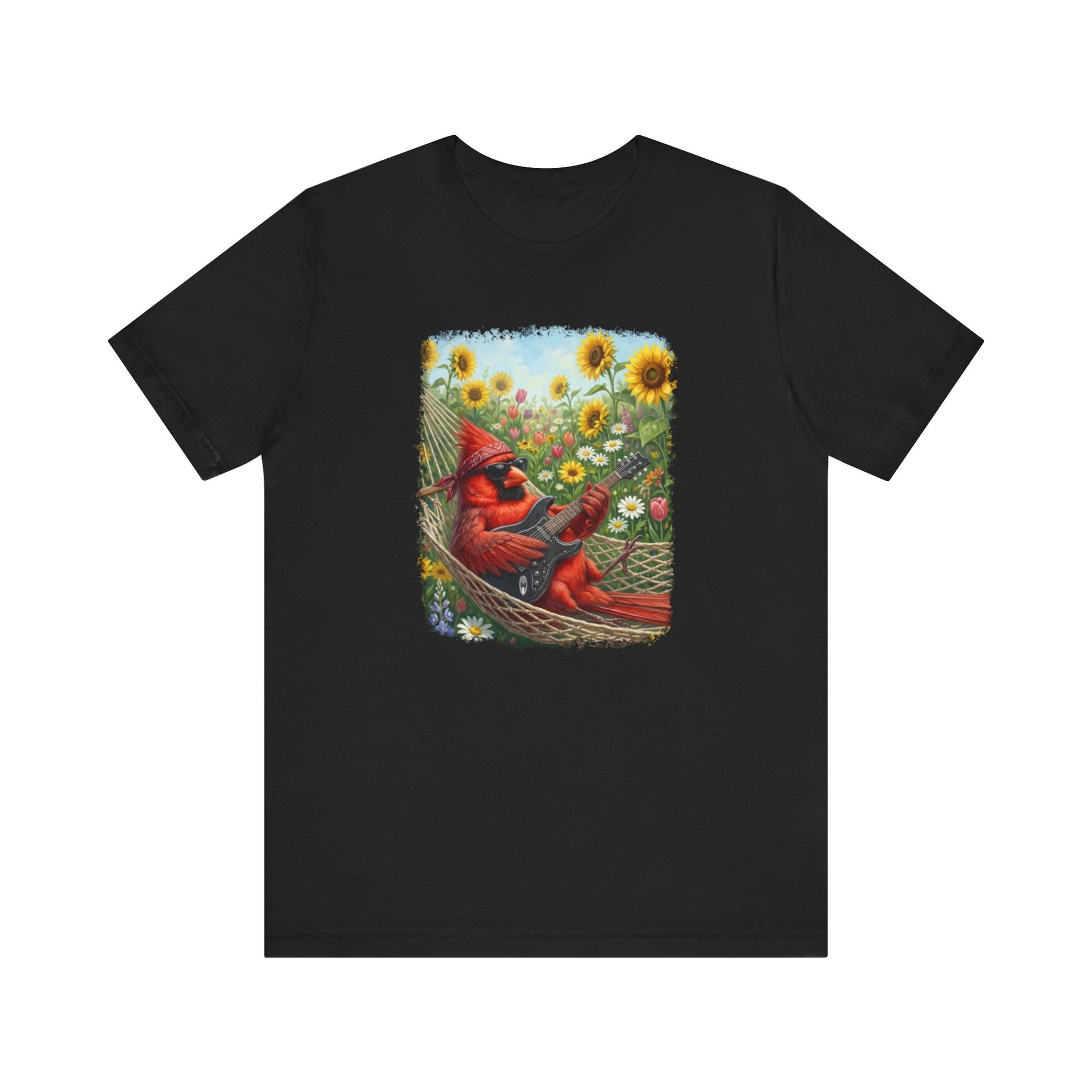 Black t-shirt with a colorful graphic of a cardinal and flowers on a white background