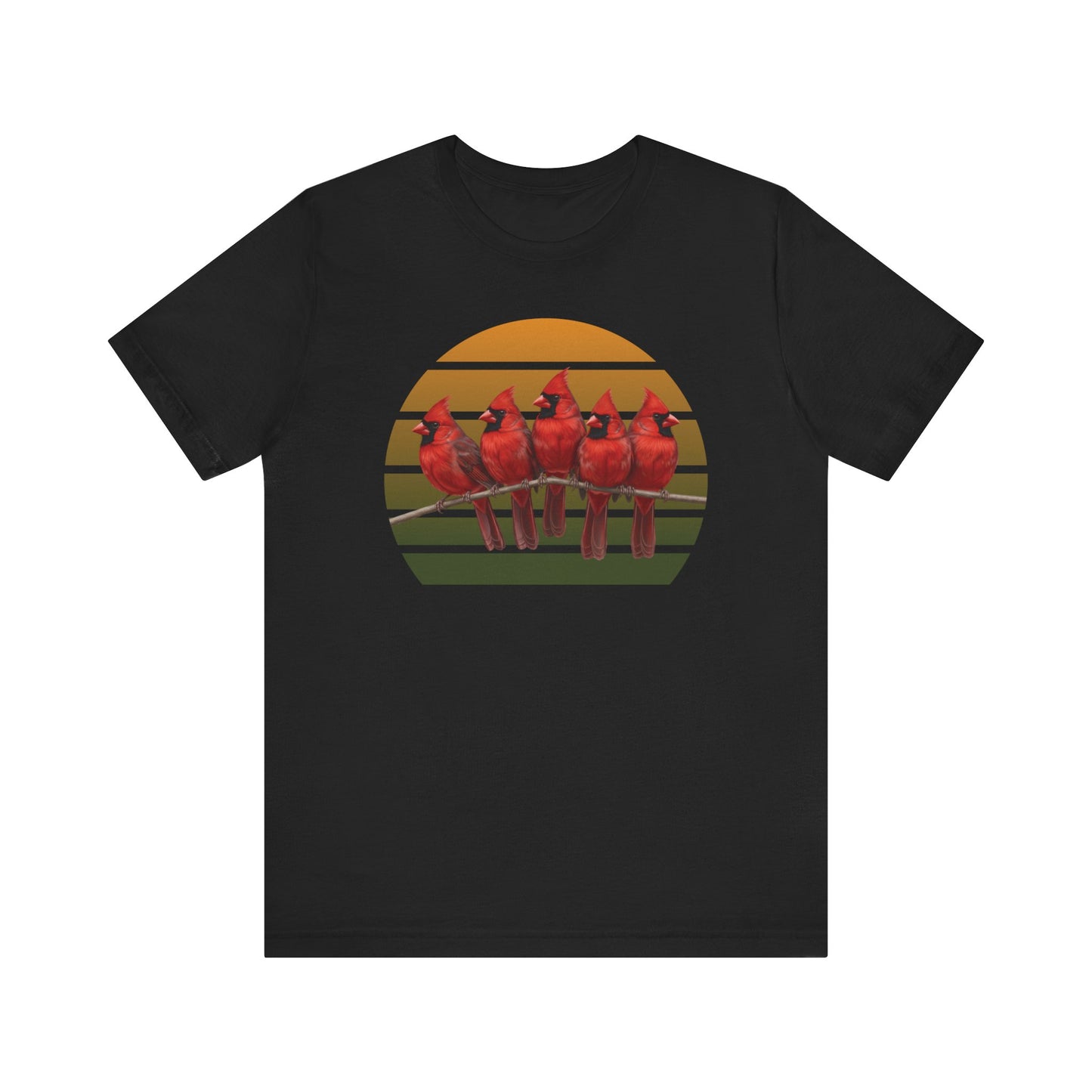 Black t-shirt with five cardinals on a sunset design on a white background