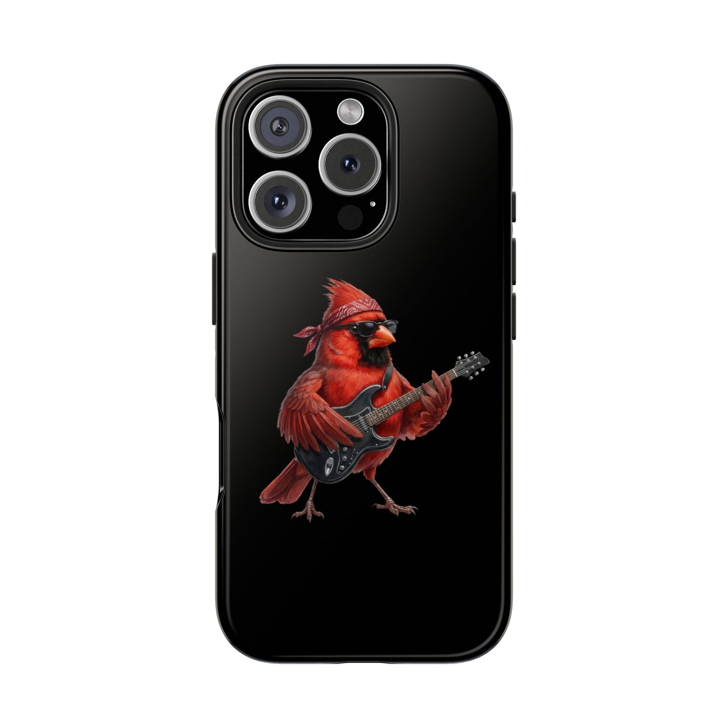 Phone case with a red cardinal playing a guitar on a black background