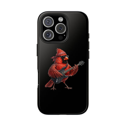 Phone case with a red cardinal playing a guitar on a black background