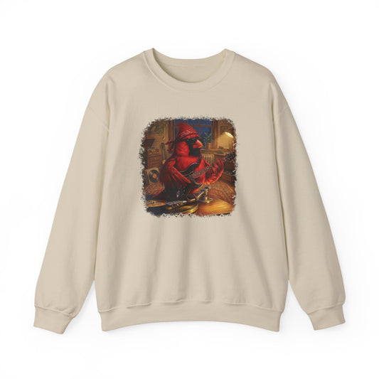 Beige sweatshirt with a graphic of a cardinal with a guitar on a white background