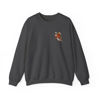 Close-up of the subtle pocket-sized design on the cozy sweatshirt, highlighting the bright colors of the cute Robin Rosi bird and ice cream illustration against the soft fabric.