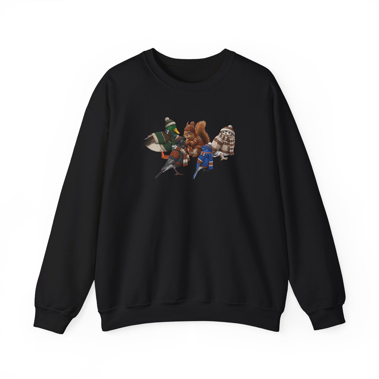Cozy Winter Crewneck: Backyard Birds & Squirrel in Knitwear