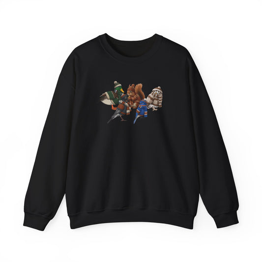 Cozy Winter Crewneck: Backyard Birds & Squirrel in Knitwear