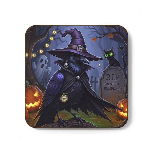 Crow Halloween Coasters - Funny Spooky Bird Design with Pumpkins & Cat