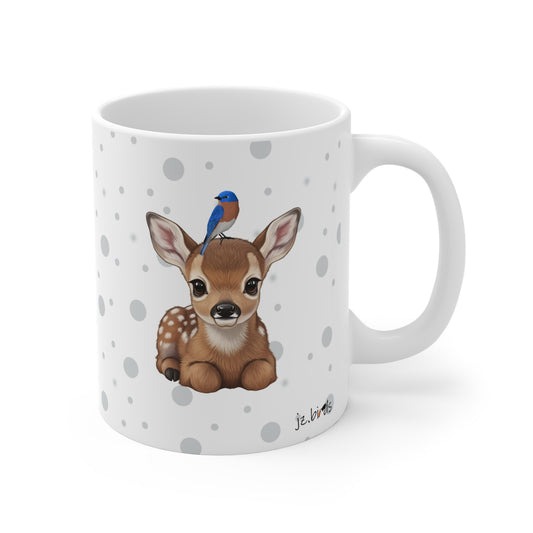 Cute Fawn Mug with Bluebird 11oz for Animal Lovers & Bird Watchers