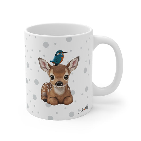 Cute Fawn Mug with Kingfisher 11oz for Animal Lovers & Bird Watchers