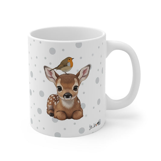 Cute Fawn Mug with Robin 11oz for Animal Lovers & Bird Watchers