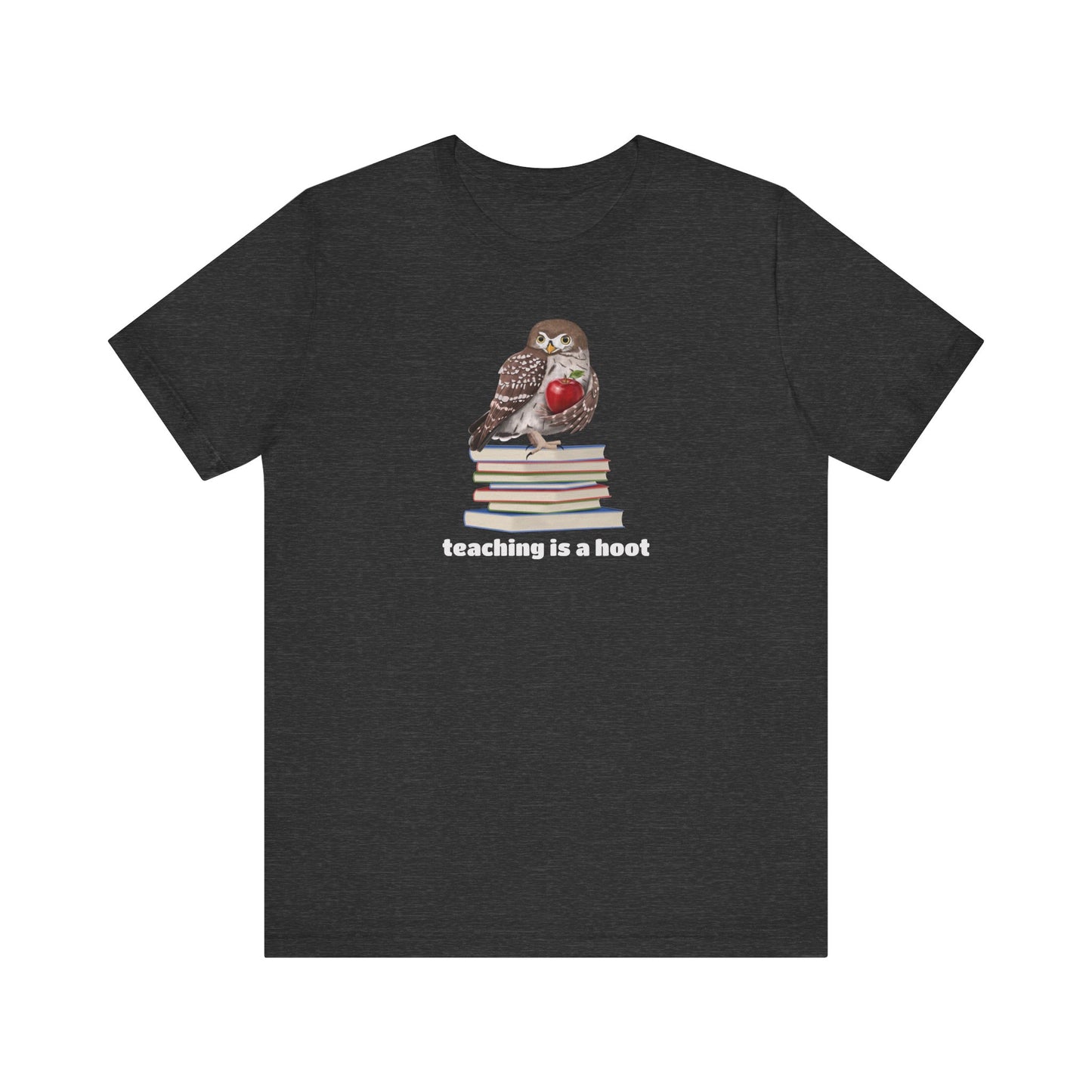 A dark heather gray short-sleeve t-shirt with a graphic of an owl sitting on a stack of books holding a red apple, with the text 'teaching is a hoot' printed below in white.