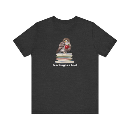 A dark heather gray short-sleeve t-shirt with a graphic of an owl sitting on a stack of books holding a red apple, with the text 'teaching is a hoot' printed below in white.