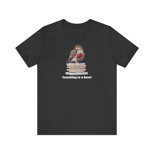 A dark heather gray short-sleeve t-shirt with a graphic of an owl sitting on a stack of books holding a red apple, with the text 'teaching is a hoot' printed below in white.