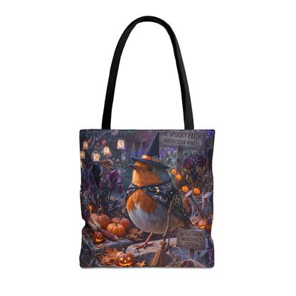 Durable 16x16 tote bag featuring a digitally painted illustration of a cute bird named Robin Rosi dressed as a witch with a broom, surrounded by pumpkins and purple flowers.