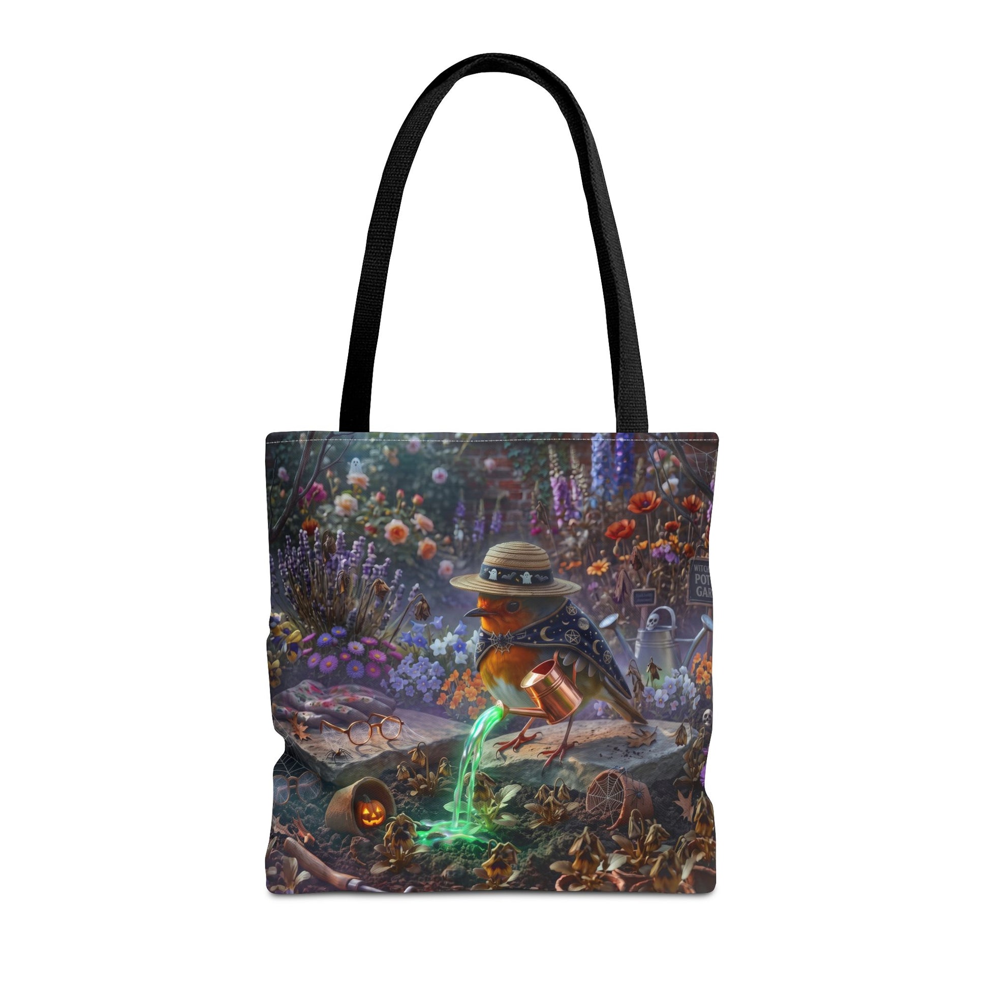 Durable 16x16 tote bag featuring a digitally painted illustration of a cute bird named Robin Rosi pouring a glowing green magic potion from a watering can onto dried flowers.