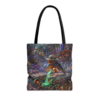 Durable 16x16 tote bag featuring a digitally painted illustration of a cute bird named Robin Rosi pouring a glowing green magic potion from a watering can onto dried flowers.