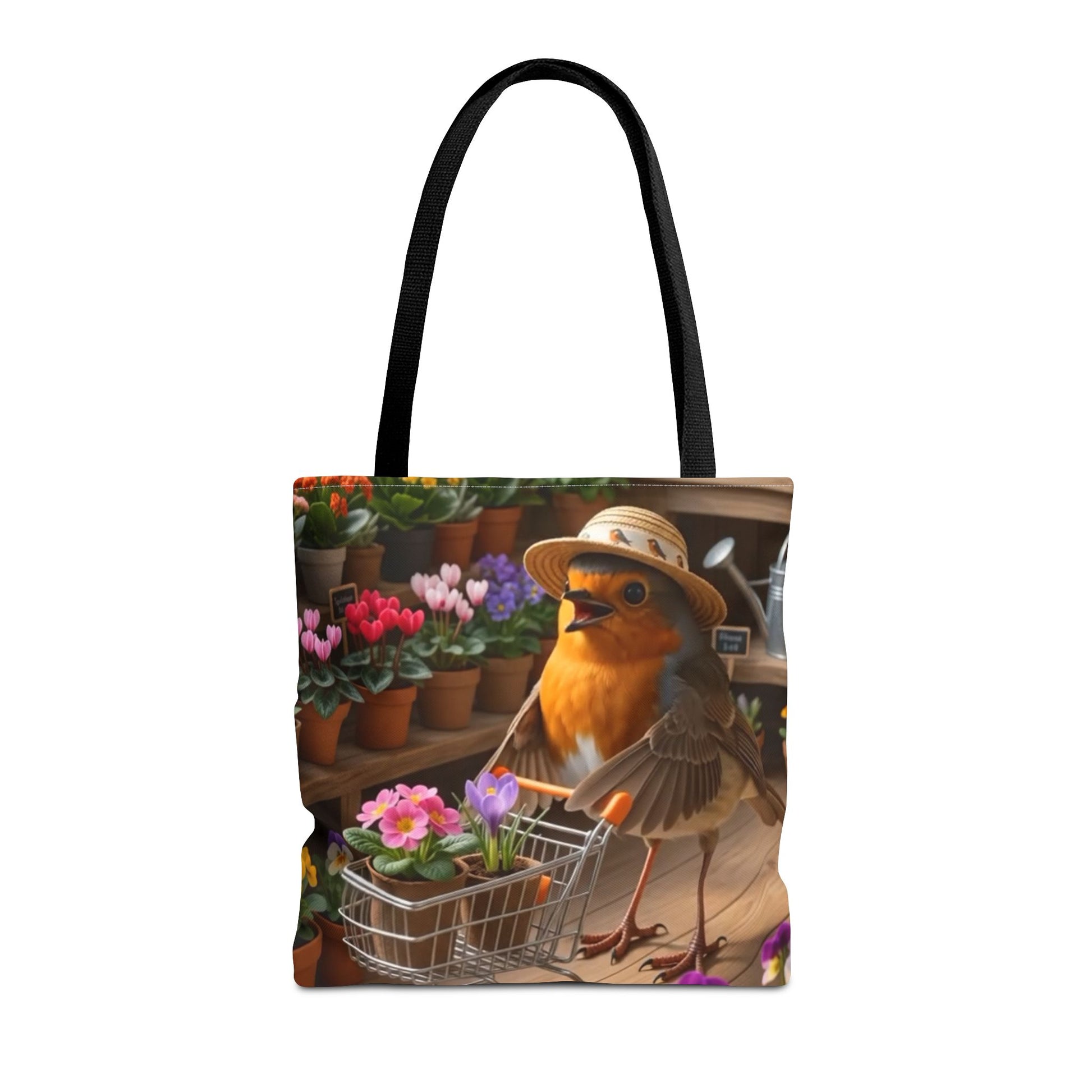Durable 16x16 tote bag featuring a digitally painted illustration of a happy cute bird named Robin Rosi with a shopping cart full of blooms in a flower shop.