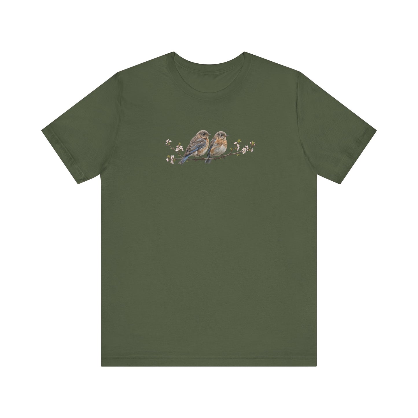 Eastern Bluebird Fledgling T-Shirt | Spring Blossoms Unisex Graphic Tee for Bird Watchers