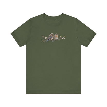 Eastern Bluebird Fledgling T-Shirt | Spring Blossoms Unisex Graphic Tee for Bird Watchers