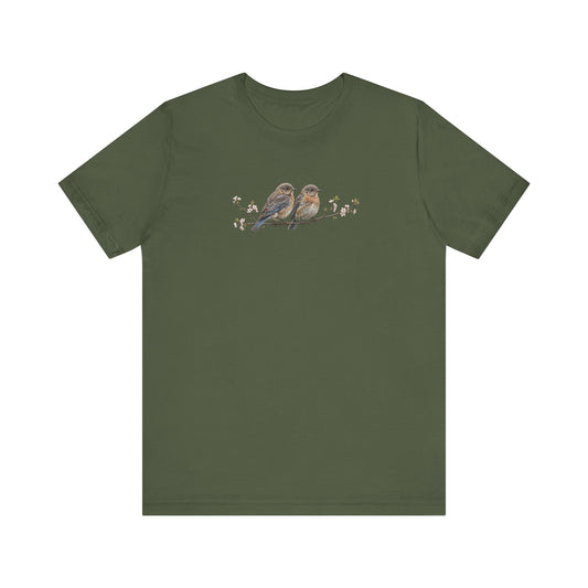 Eastern Bluebird Fledgling T-Shirt | Spring Blossoms Unisex Graphic Tee for Bird Watchers