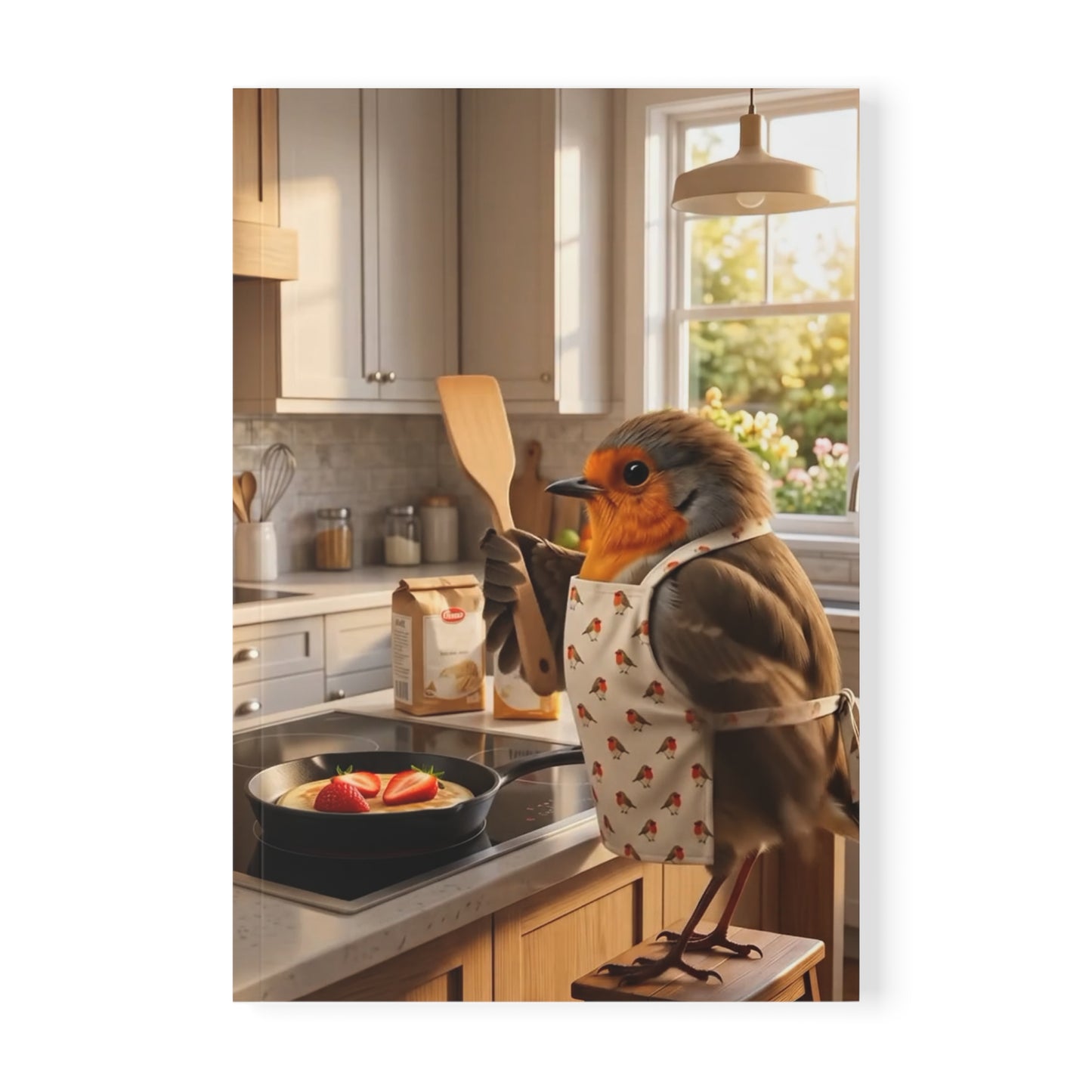 Ein Notizbuch mit Rosi Rotkehlchen am Herd vor einer Bratpfanne mit Pfannkuchen. Das Rotkehlchen hat eine Kochschürze um und hält einen Pfannenwender in der Hand.