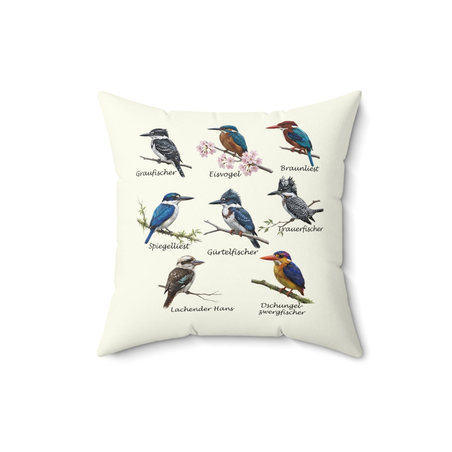 Eisvögel der Welt Kissen in Cremeweiß | Vogelkunde-Motiv mit Eisvogel & Lachender Hans 40x40