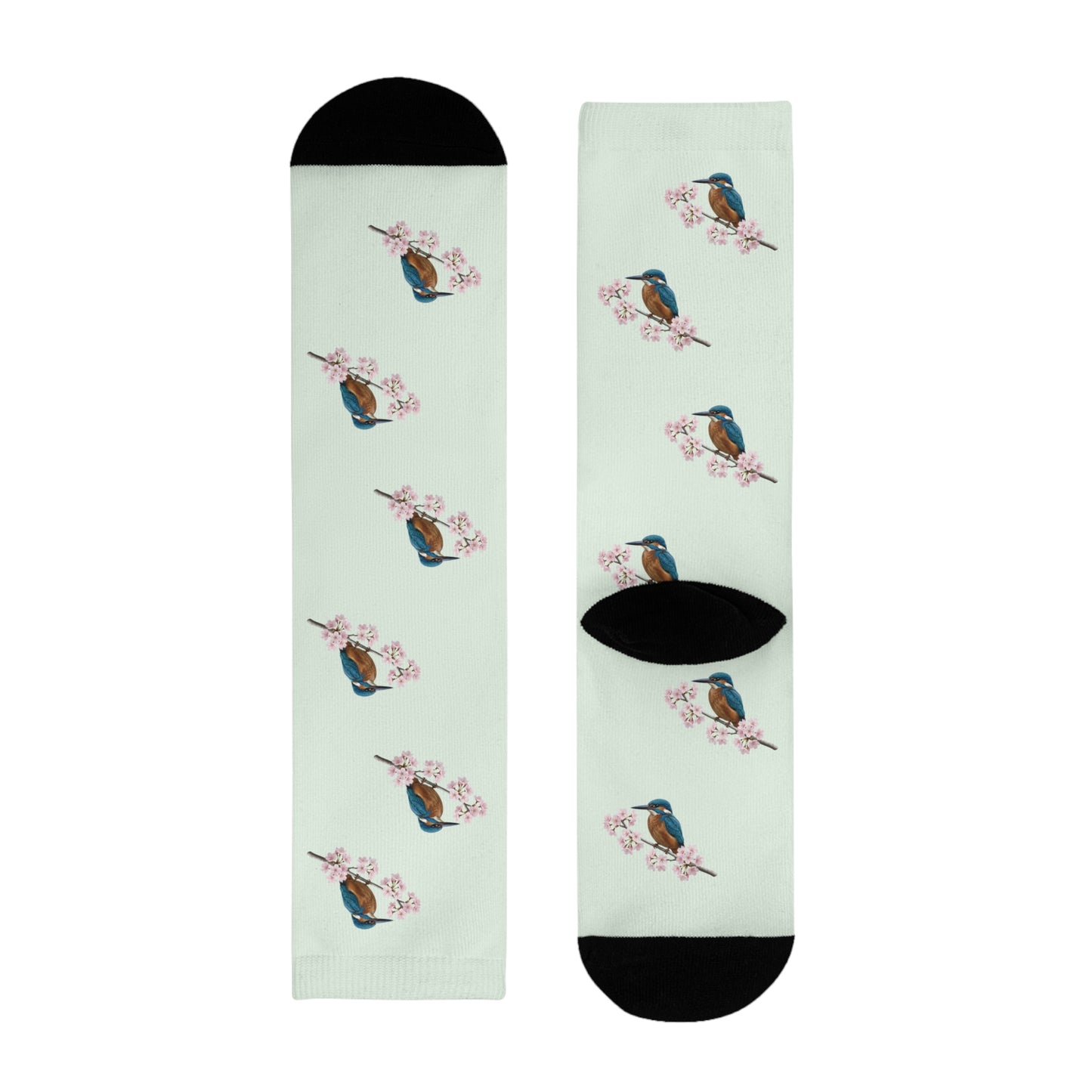 Eisvogel & Kirschblüten Socken in Salbeigrün | Weiche Baumwollmix-Socken für Naturfreunde