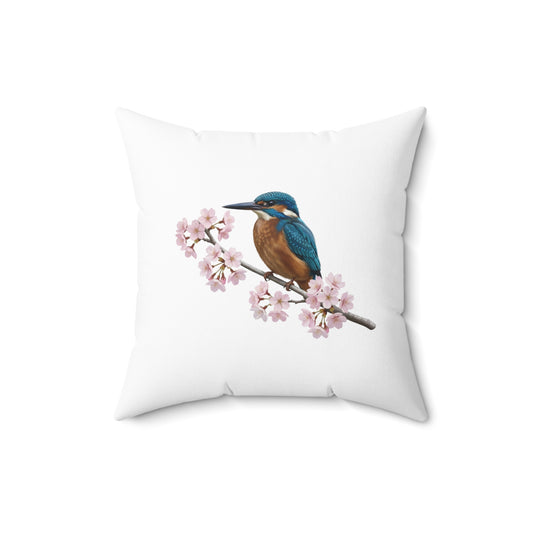 Eisvogel Kissen mit Kirschblüten | Weißes Dekokissen 40x40 Vogelmotiv