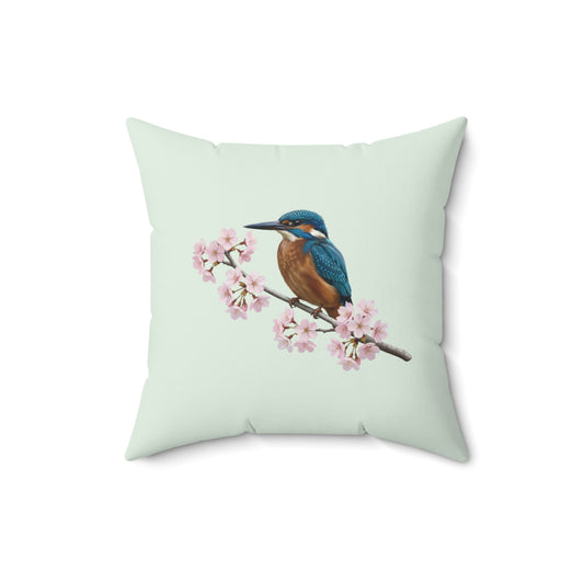 Eisvogel Kissen mit Kirschblüten in Salbeigrün | Dekokissen 40x40 mit Vogelmotiv