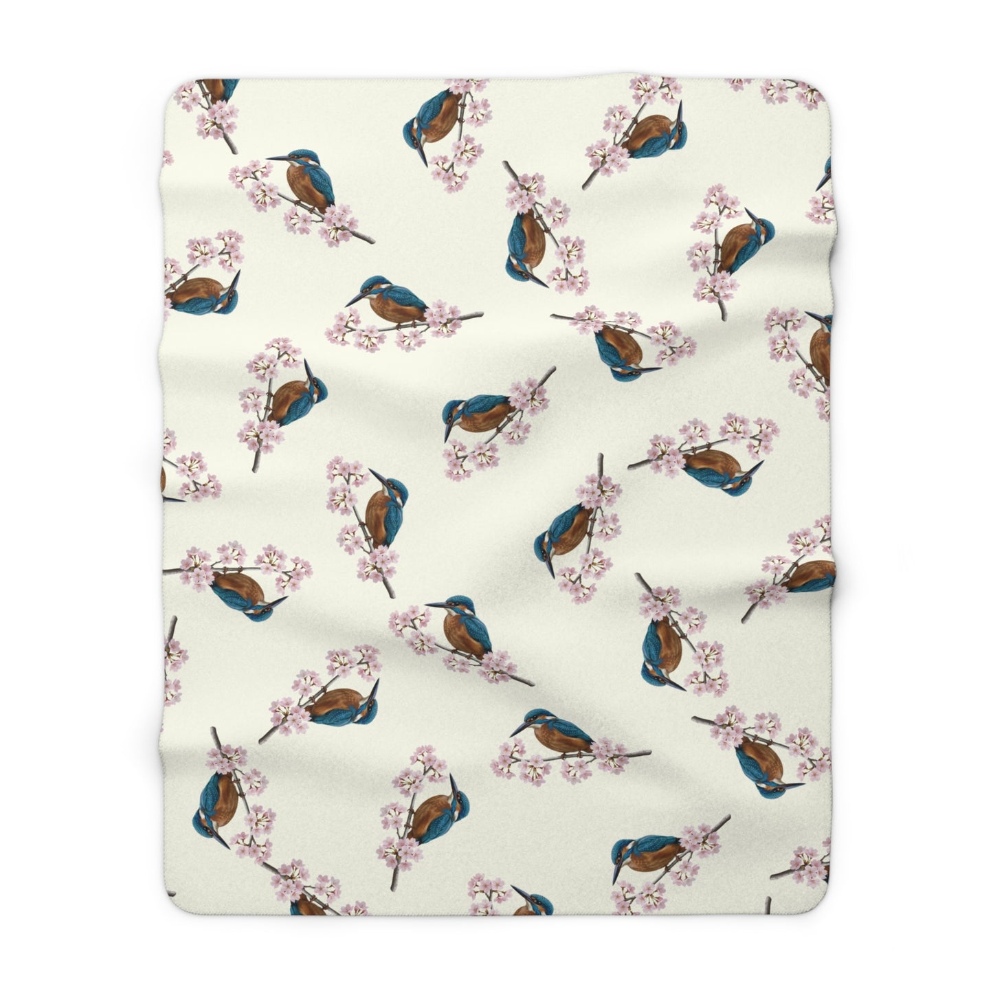 Eisvogel Premium Sherpa-Fleece Decke in Cremeweiß | Kuscheldecke mit Vogelmotiv (150x200cm)