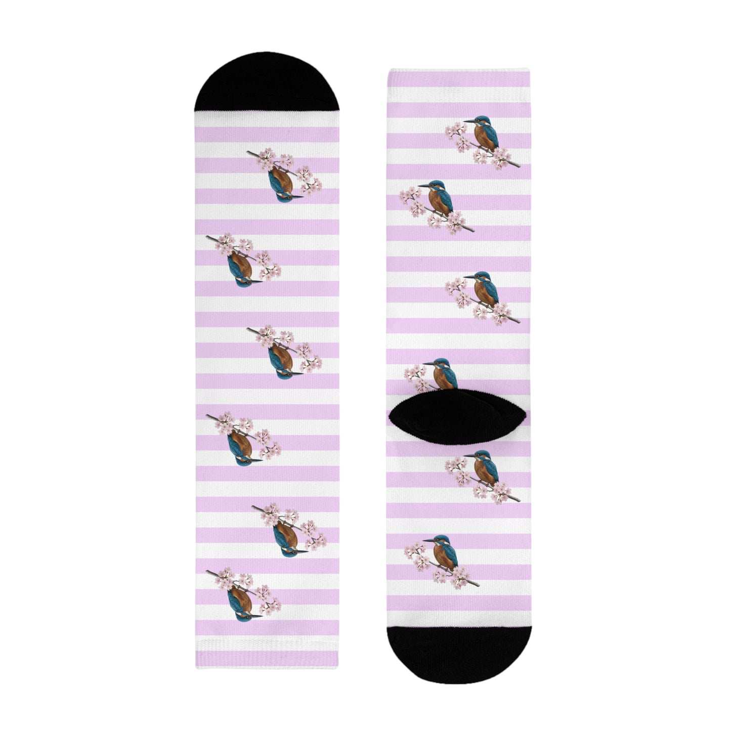 Eisvogel Socken mit Kirschblüten | Weiß Rosa gestreifte Vogelmotiv Strümpfe