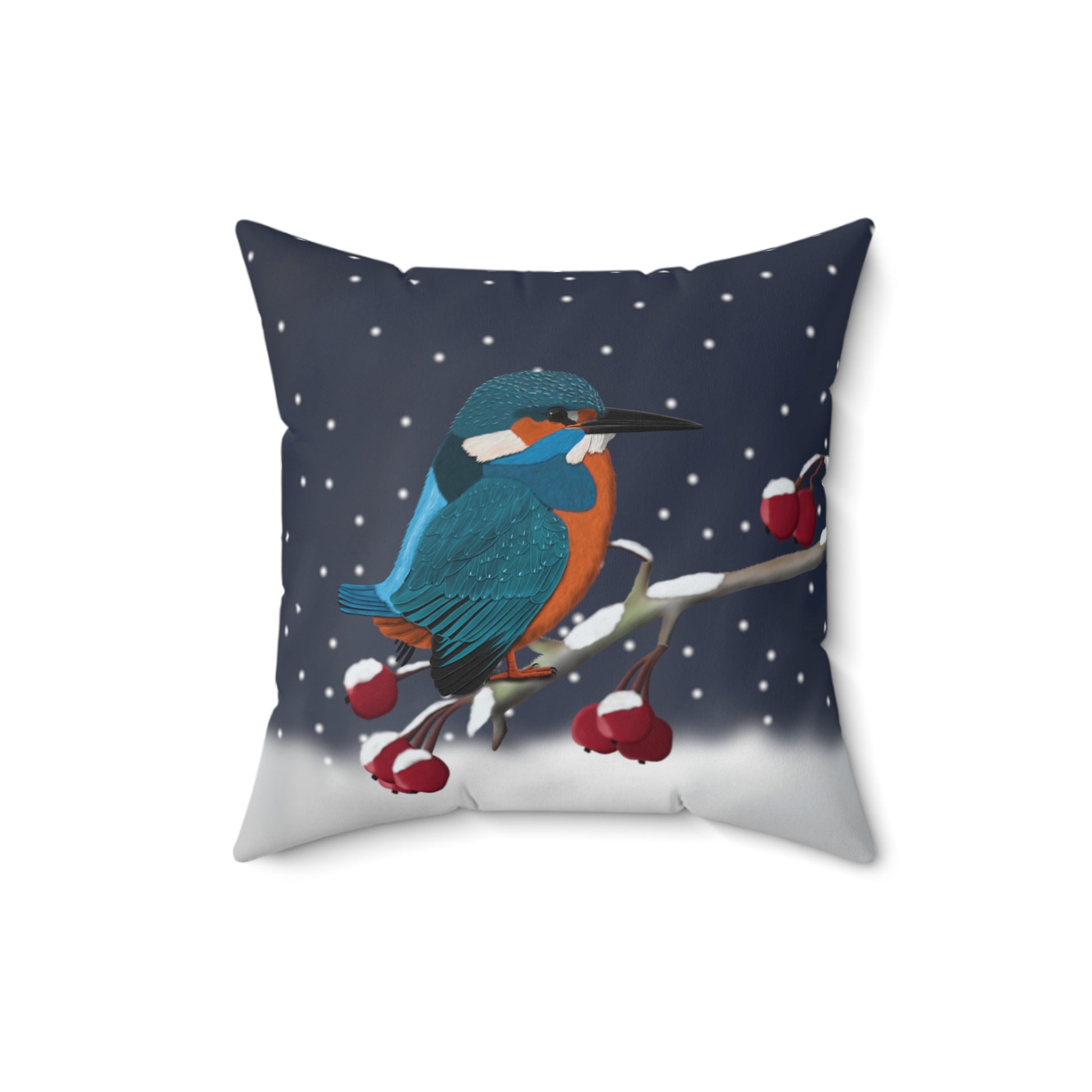 Eisvogel auf einem Ast im Schnee Vogelmotiv Kissen