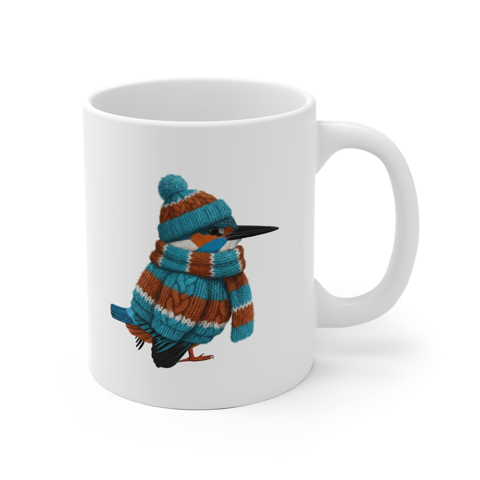 Eisvogel mit Strickpullover Weihnachtliche Tasse mit Vogelmotiv – Ideal für Kakao & Kaffee