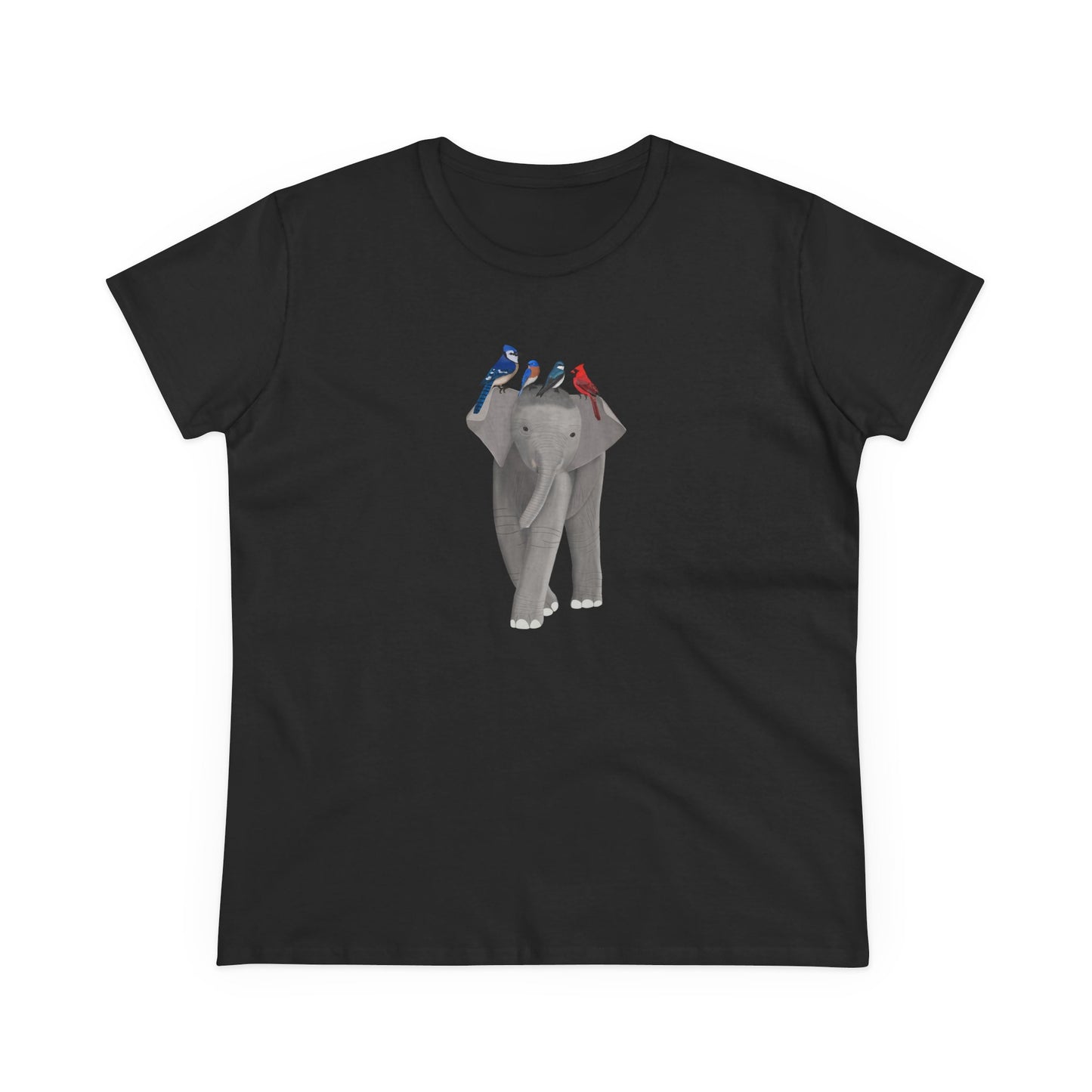 Elephant with Birds Blue Jay Cardinal Bluebird Design for Birdwatchers and Bird Lovers Women's T-Shirt