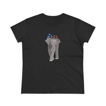Elephant with Birds Blue Jay Cardinal Bluebird Design for Birdwatchers and Bird Lovers Women's T-Shirt