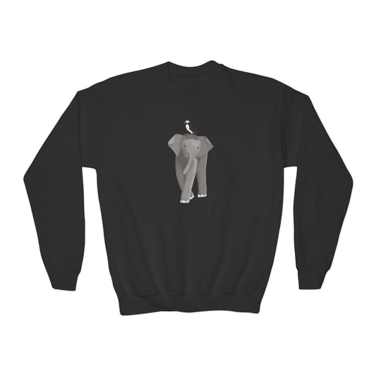 Elephant with Puffin Bird Youth Crewneck Sweatshirt